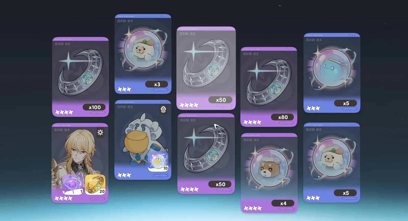 Honkai Nexus Anima 10-Bond results screen with one 4-star Eidos card and nine material and Anima Energy cards