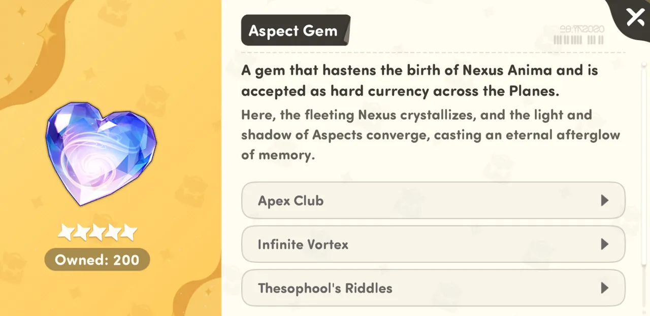 Honkai Nexus Anima Aspect Gem item panel describing it as hard currency accepted across the Planes