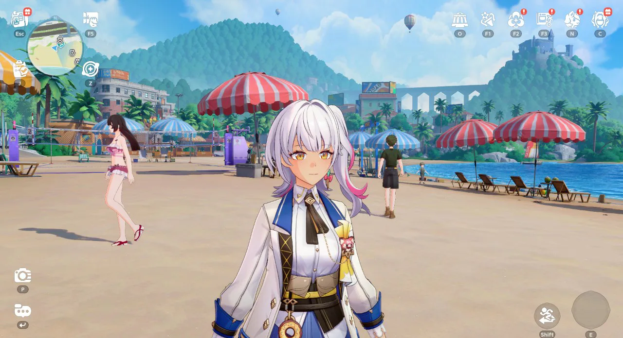 Honkai Nexus Anima Carole Eidos standing on a beach with umbrellas and a bay