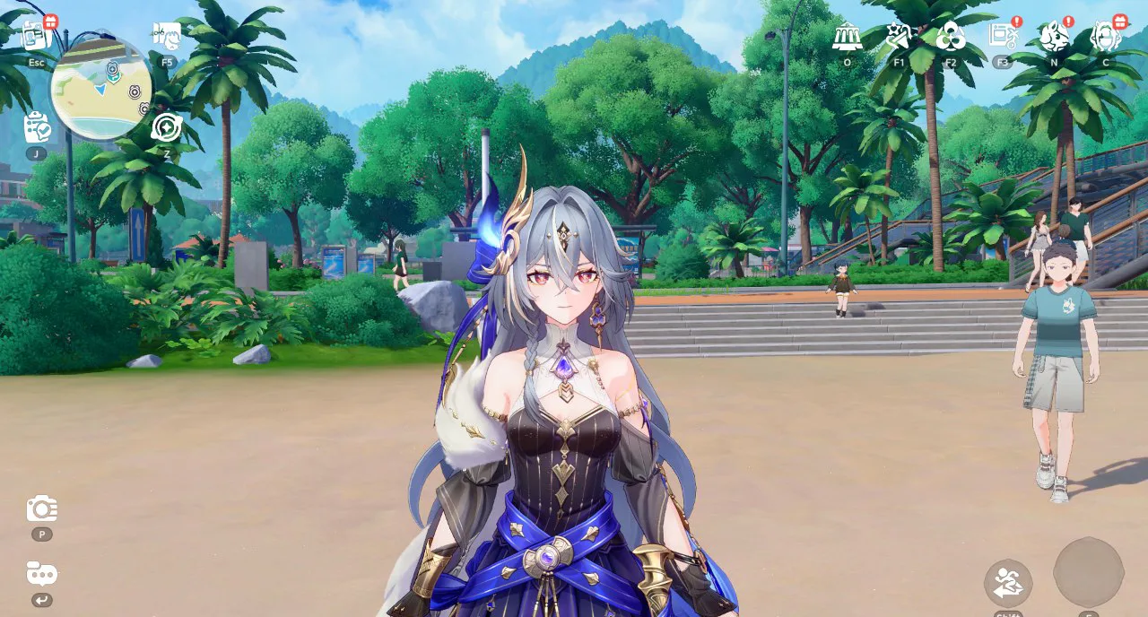 Lou F. Y standing in a park in Iia with townspeople behind her in Honkai: Nexus Anima