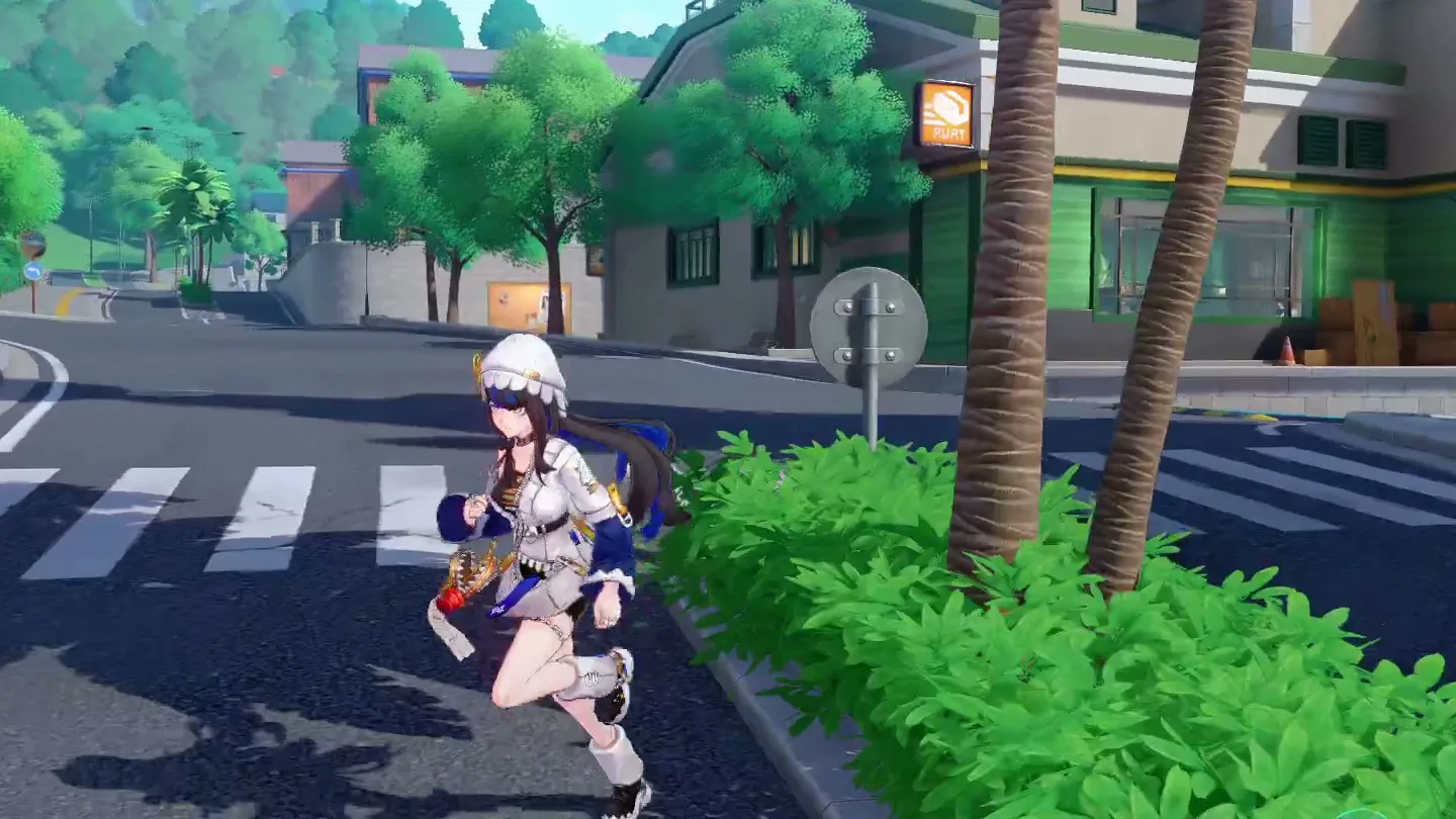 Iia street corner with a zebra crossing and a green shopfront in Honkai: Nexus Anima