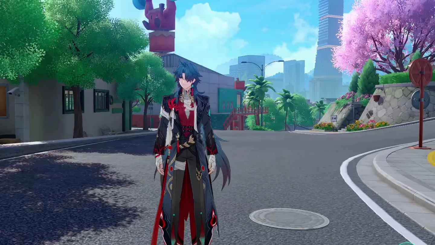 Iia street with a giant dumbbell sign on a rooftop and a pink blossom tree in Honkai: Nexus Anima