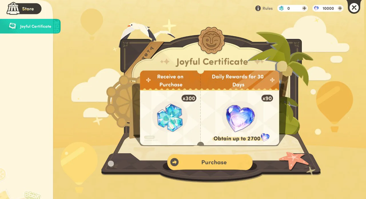 Honkai Nexus Anima Joyful Certificate monthly pass store card showing 300 Mintent on purchase and 90 daily Aspect Gems for 30 days