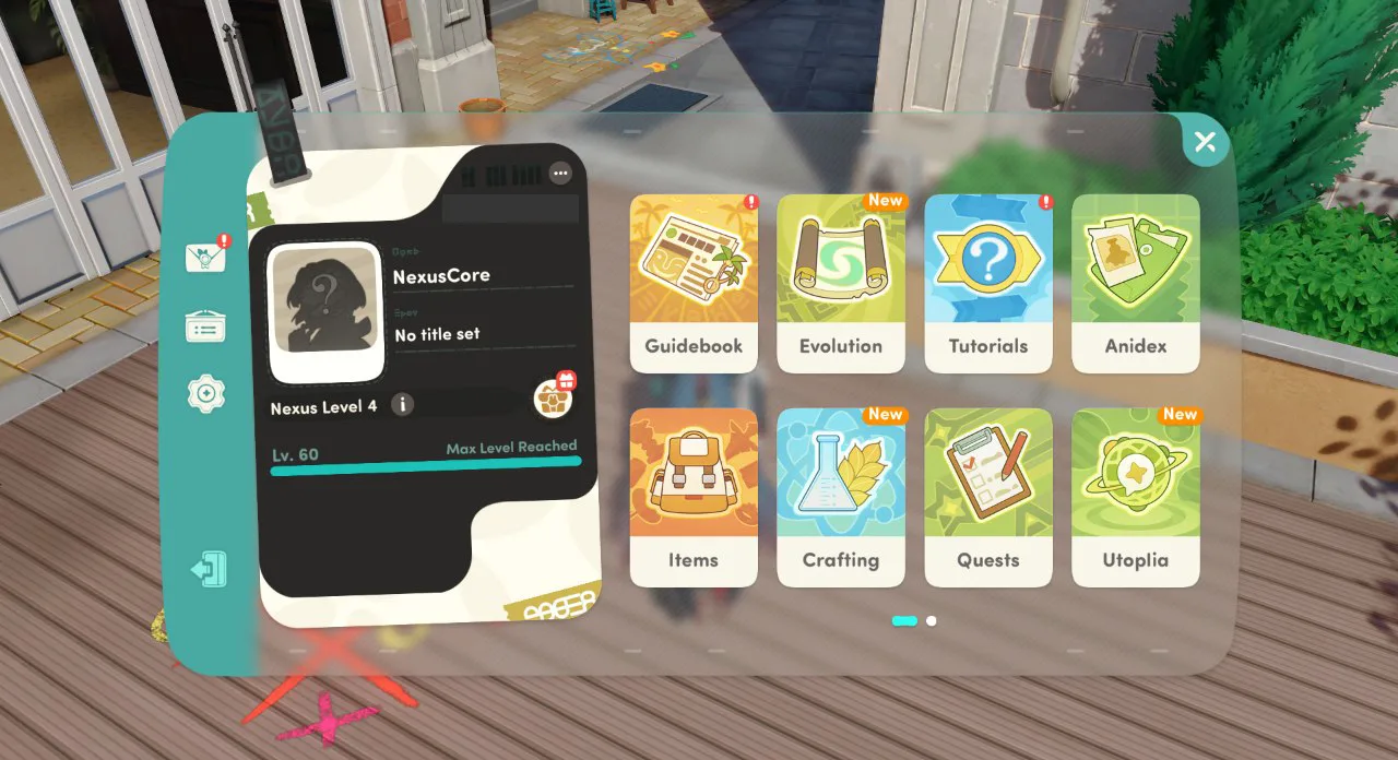 Honkai Nexus Anima main menu with Guidebook, Evolution, Tutorials, Anidex, Items, Crafting, Quests and UtopIia tiles beside a Lv. 60 profile card