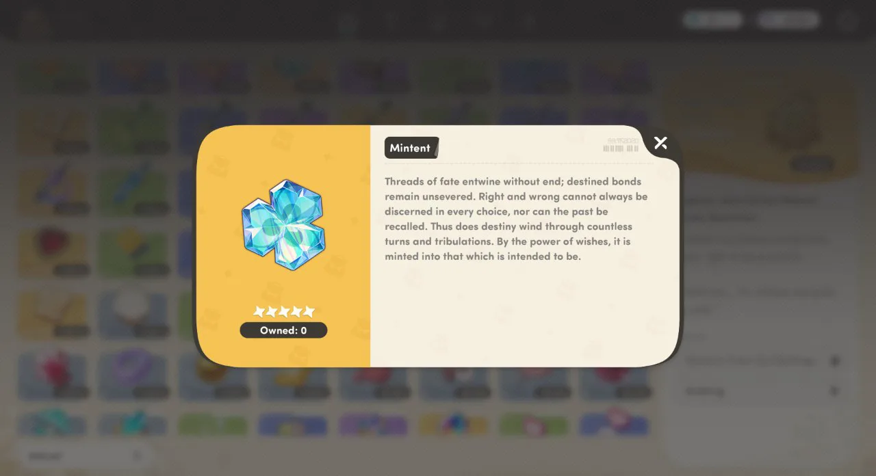Honkai Nexus Anima Mintent item panel, the 5-star paid currency crystal with its flavour text about wishes
