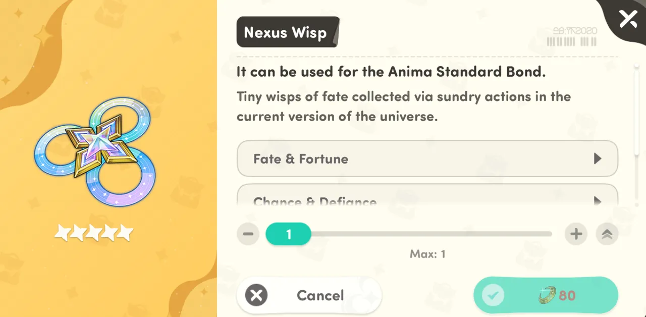 Honkai Nexus Anima Nexus Wisp item panel describing it as the currency for the Anima Standard Bond