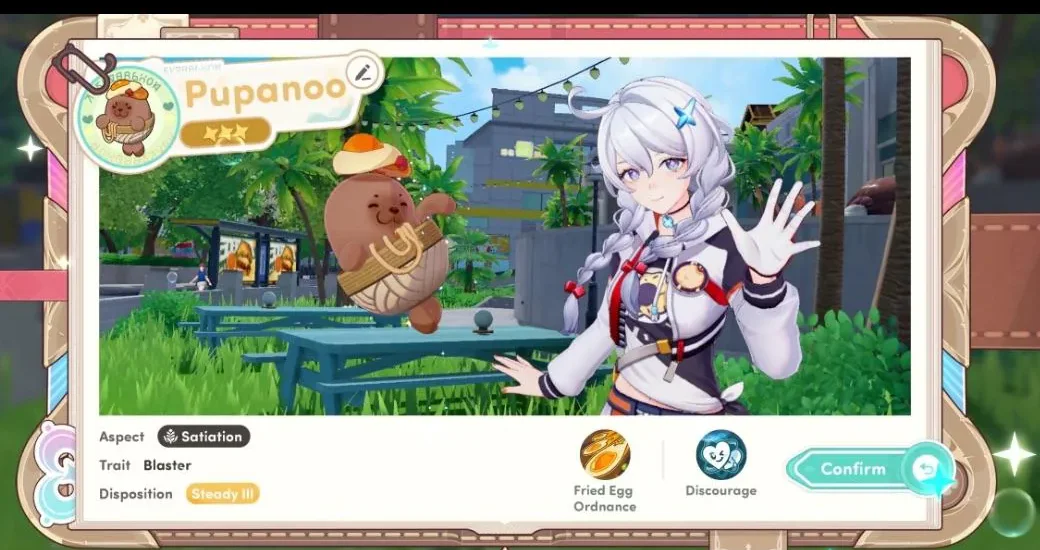 Honkai: Nexus Anima bond confirmation card for Pupanoo, a 3-star Satiation Aspect Blaster with the Steady III disposition, shown after a successful bond