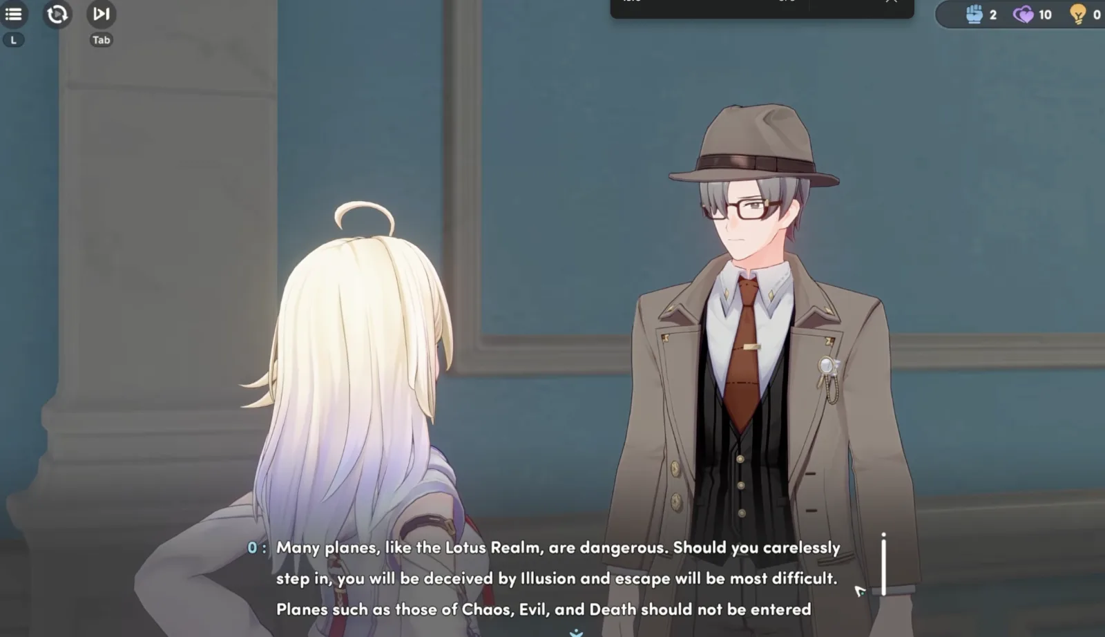 Zero speaking to the player in Honkai: Nexus Anima, warning that the Lotus Realm and the Planes of Chaos, Evil, and Death are dangerous
